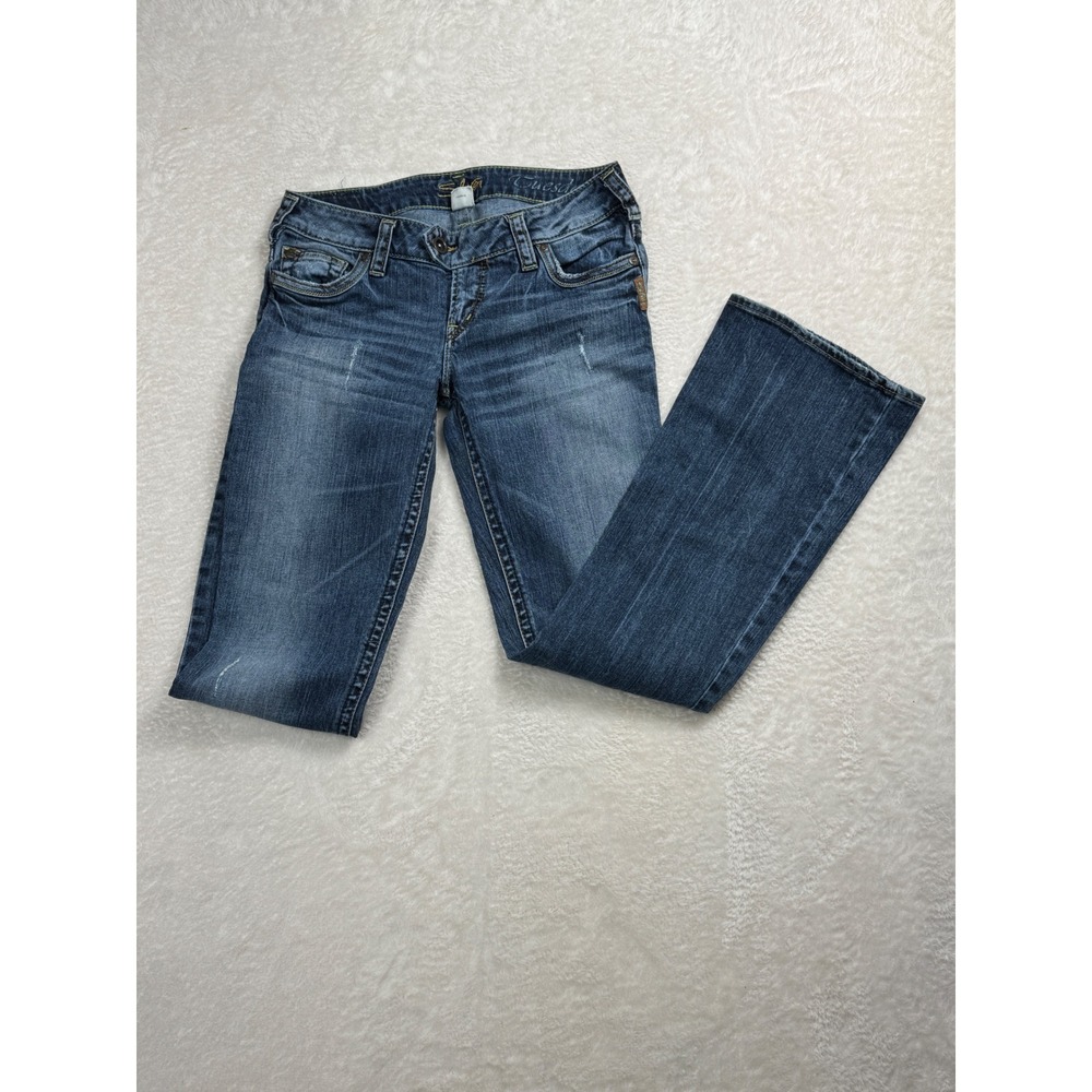 Silver Jeans Tuesday Low Rise Flare Jeans Medium Wash Blue Distressed 27/31